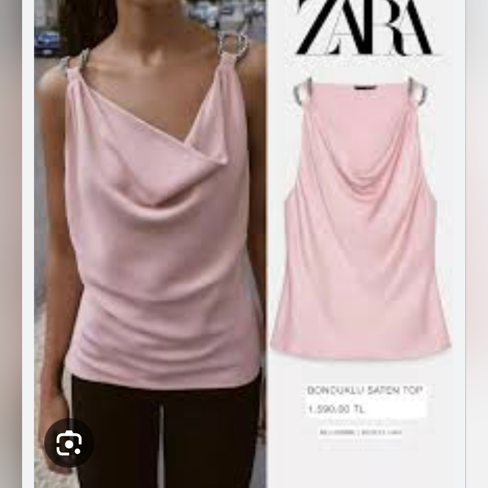 Zara Pale Pink Satin Cowl Neck Tank with Ringstone Straps